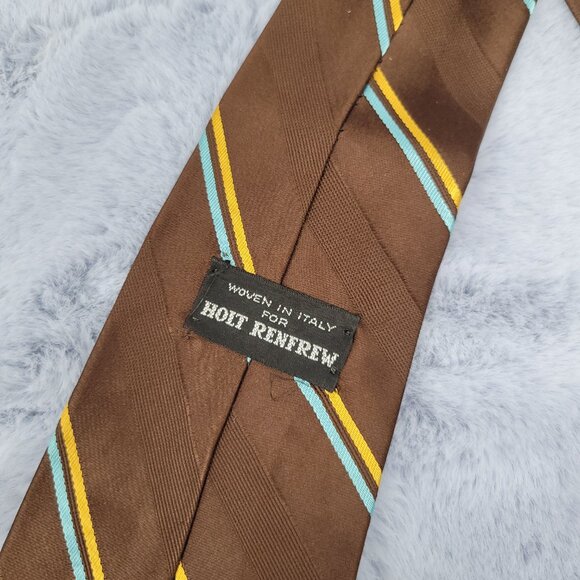 Brown Holt Renfrew Neck Tie with blue and gold stripes EUC - Picture 4 of 5